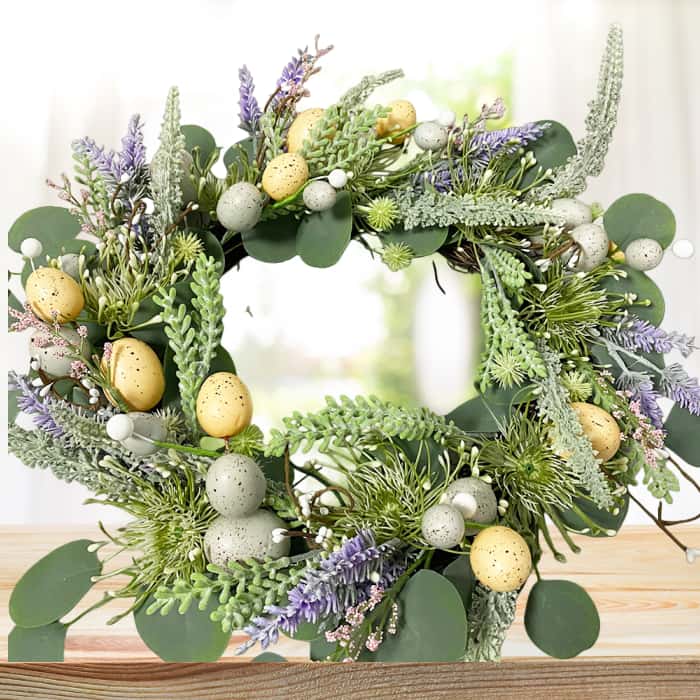 Spring flower wreath with eggs
